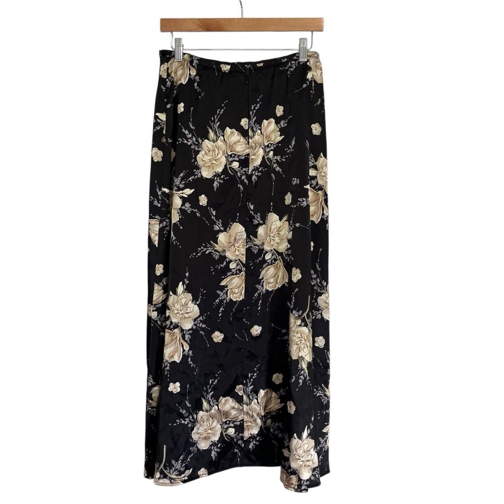 Vintage Kathie Lee Womens Silky Black Dark Floral A-Line Midi Maxi Skirt M - Picture 5 of 7